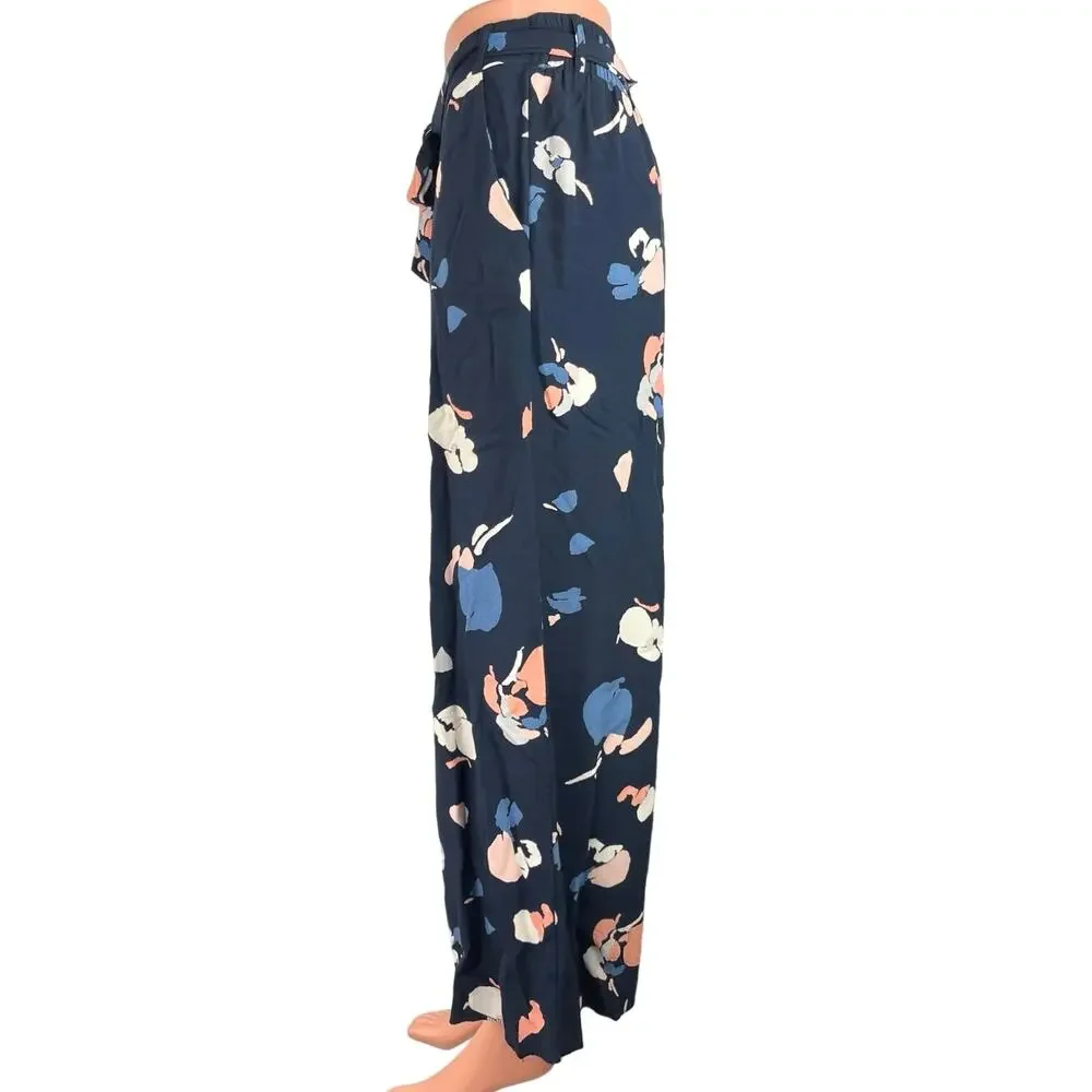Marks & Spencer Women's Navy Floral Print Mid Rise Wide Leg Trouser Pants 36